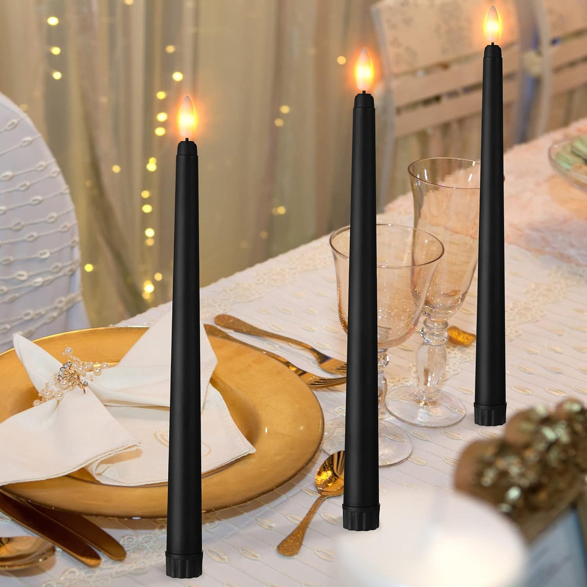 24 Packs Flameless Taper Candles Battery LED 11",Black | Fake Candlelight Flameless Candlesticks Flickering Tapered for Weddings, Parties, Decor, Summer Fall Event