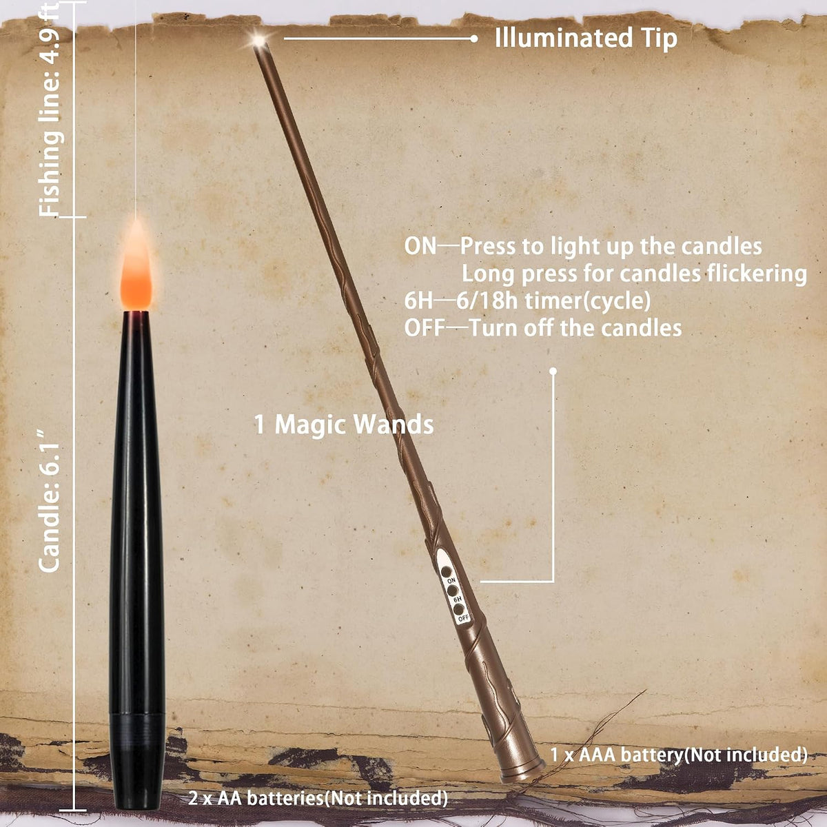 Floating Candles with Wand, Halloween Magic Flameless Candles | 10 Pack Magic Hanging Candles, Black Flameless Taper Candles with Wand Remote, Halloween Battery Candlesticks