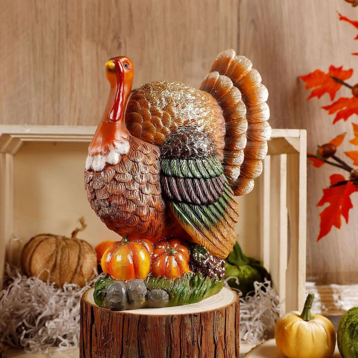 Thanksgiving Resin Turkey Table Decorations, 9.5" Tall | with Pumpkin, Hand-Painted, Fall Turkey Figurine Centerpieces for Tables, Home Kitchen Office Harvest Decor