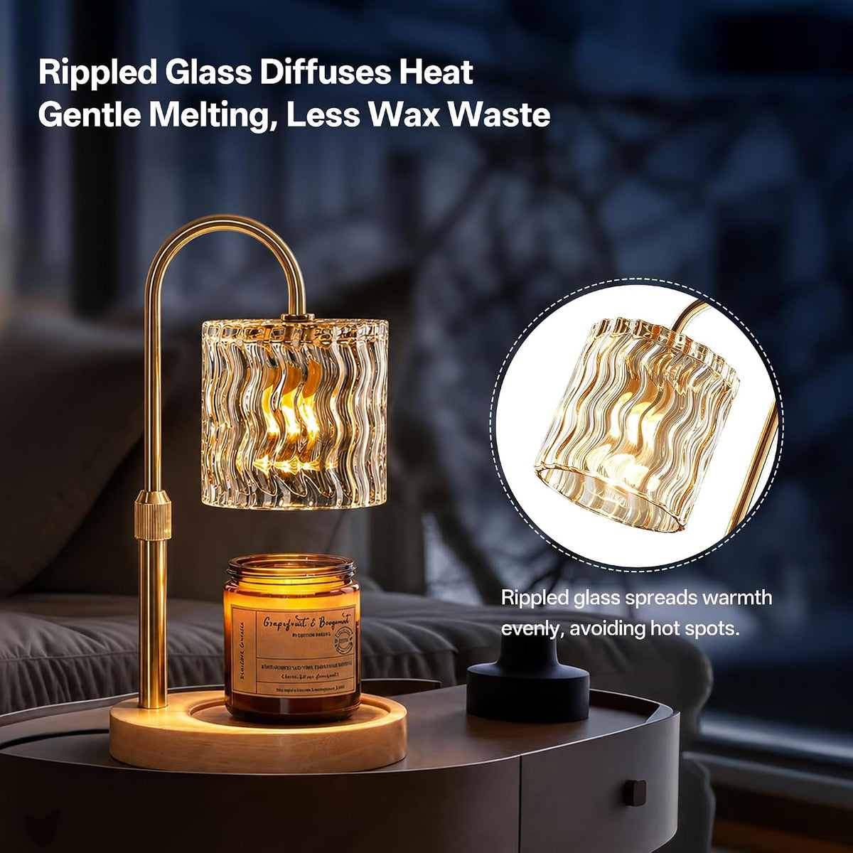 Decorative Ripple Glass Candle Warmer Lamp, Dimmable | Gold Warmer Lamp with Timer Adjustable Height, Flameless Cozy Warmer Home Décor for Bedroom, Bathroom, Tea Room, Rest Room
