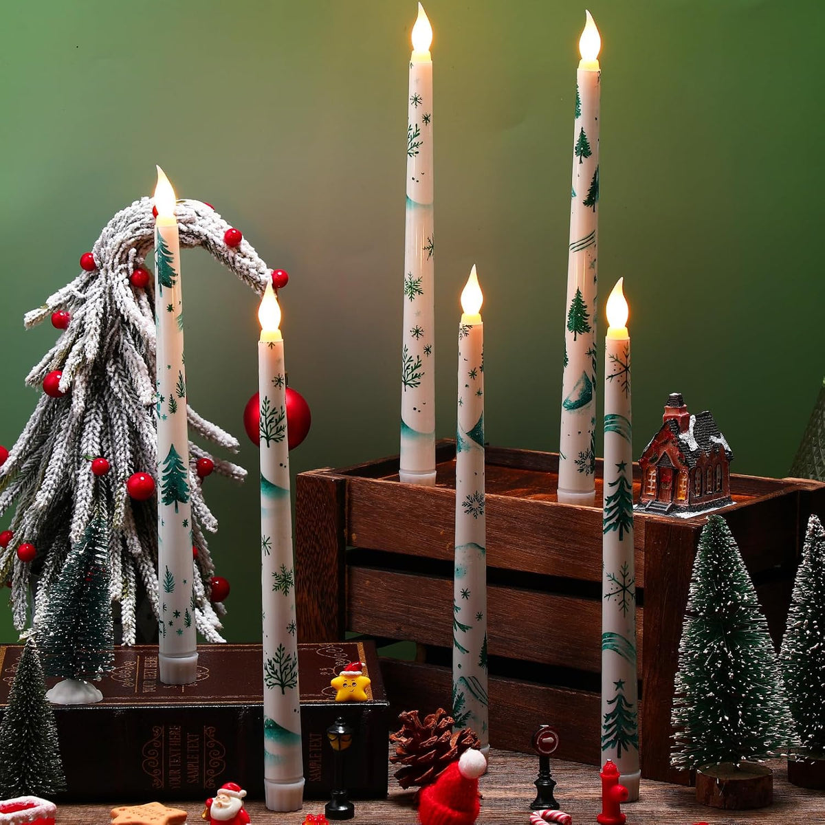 Christmas Trees Flameless Taper Candles 11 Inch Long Forest Battery Operated LED Candles Table Centerpiece for Xmas Winter Holiday Party Decoration