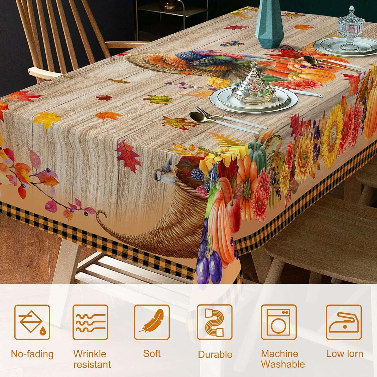 Thanksgiving Tablecloth, Thanksgiving Turkey Table Cloth Rectangle 60 X 120, Pumpkins with Fall Leaves Tablecloths Rustic Holiday Table Cover Thanksgiving Decorations for Dining Room Kitchen Outdoor