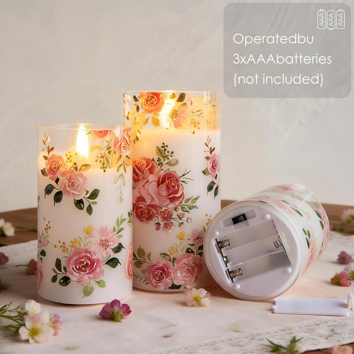 Flameless Rose Candles Glass, Pink Floral Battery Remote Candles | Romantic Pink Rose LED Candles Set of 3, Valentine'S Day Fake Battery Candles Gift Home Table Mantel Decor