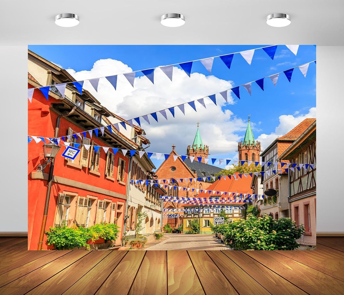 7X5Ft Fabric Oktoberfest Backdrop Germany Bavaria Town Street with Bavarian Flags Beer Festival Backdrop Rothenburg Ob Der Tauber Background Munich Carnival Party Decorations Photo Studio Props