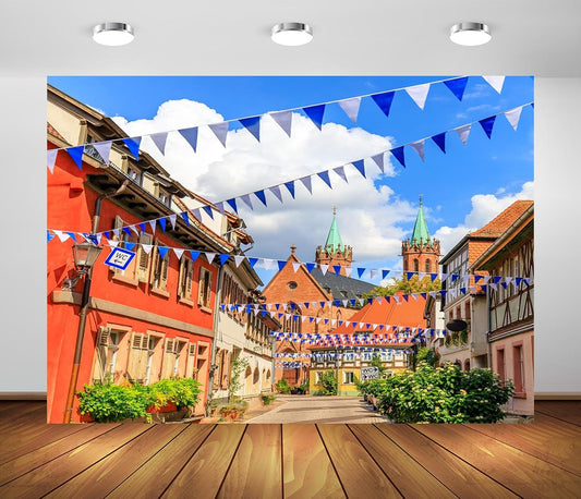 7X5Ft Fabric Oktoberfest Backdrop Germany Bavaria Town Street with Bavarian Flags Beer Festival Backdrop Rothenburg Ob Der Tauber Background Munich Carnival Party Decorations Photo Studio Props