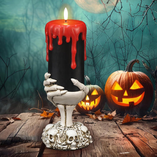 Black Flameless Pillar Candle Battery Operated with 6 Hour Timer | 3D Wick Flickering LED Candles, Blood Dripping Wax, Skeleton Hand Holder, Halloween Indoor Table Decor, 4"D X 11"H