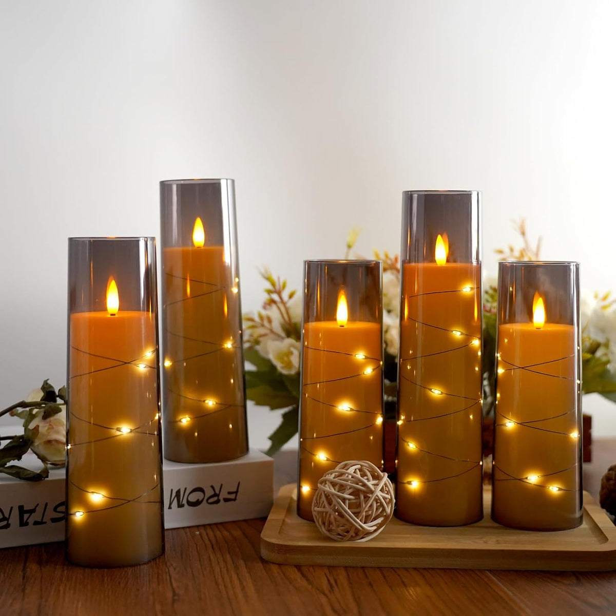 Flameless Candles,With Embedded Star String, Battery Operated Candles Flickering LED Pillar Candles with Remote Control and Timer, Home Decoration Add a Warm and Romantic Atmosphere，Set of 7 (Grey)