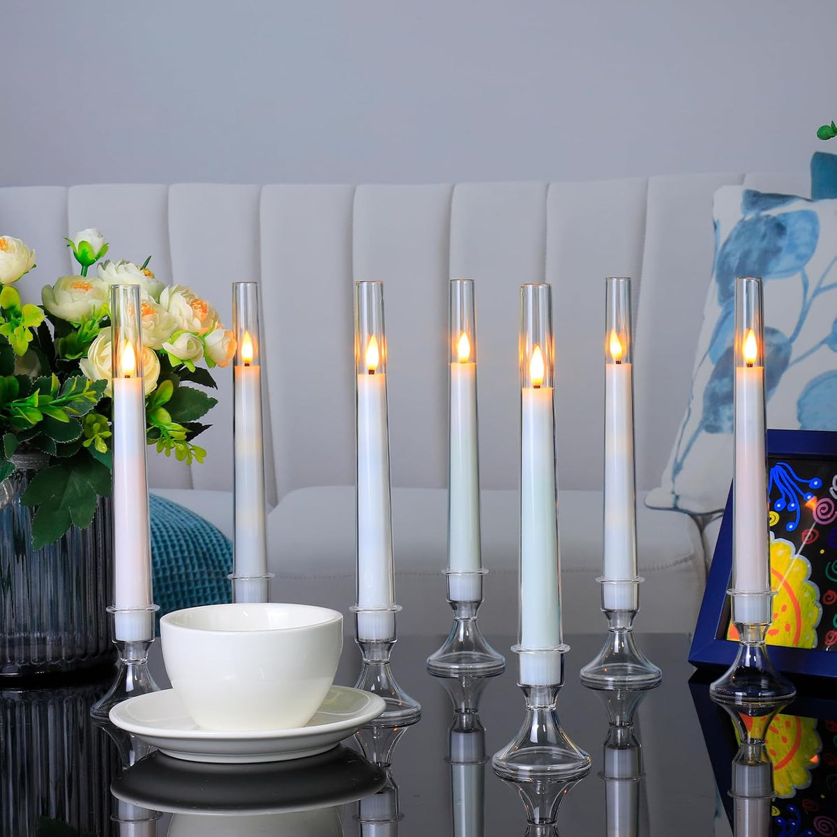 12PC Flameless Taper Candles - LED Candles, Flickering Design with Base, Perfect for Home, Windows，Decoration，Weddings, Parties (White)