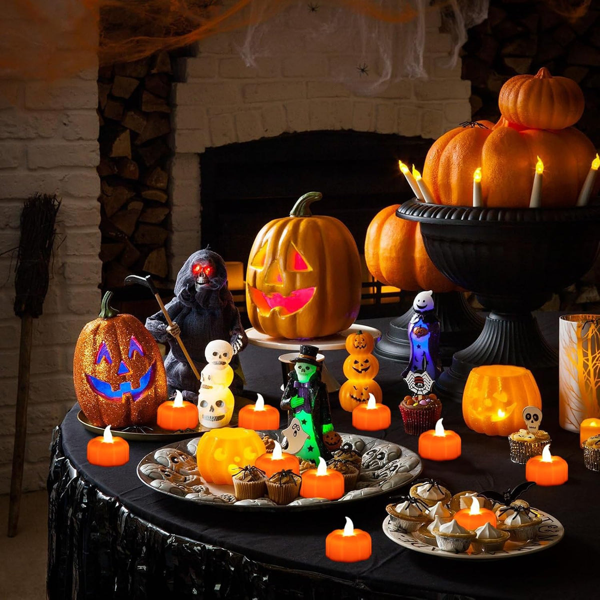 12 Pack Fall Decorations for Home Pumpkin Tea Lights Halloween Decor | LED Orange Pumpkin Lights Flameless Candles Battery Operated, Thanksgiving Flickering Tealight for Table Indoor Party Decor